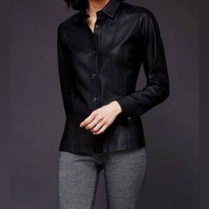 Ecru Black Leather Slim Button-Up Shirt